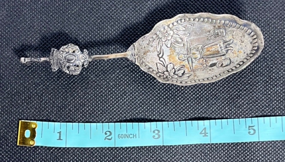 Antique Dutch Silver Monkey Spoon Embossed Mourning Maid Design