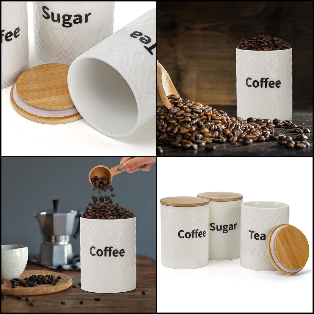 3 Pack Ceramic Kitchen Canister Set Tea Coffee Sugar Container Set