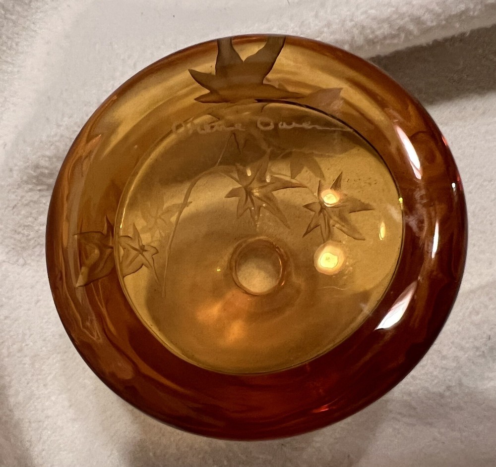 Art Glass Perfume Bottle Amber Etched Leaf Pattern Signed