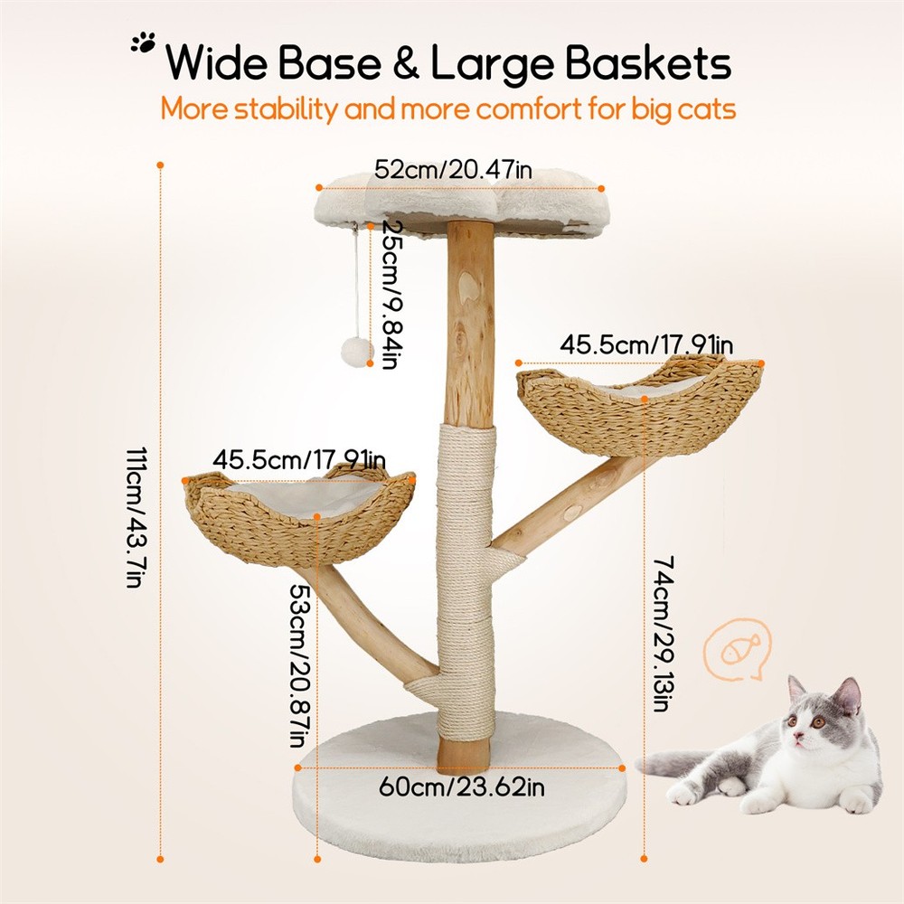 Solid Willow Wood Cat Tree w/ Soft White Bed & Scratching Post for 3 Large Cats