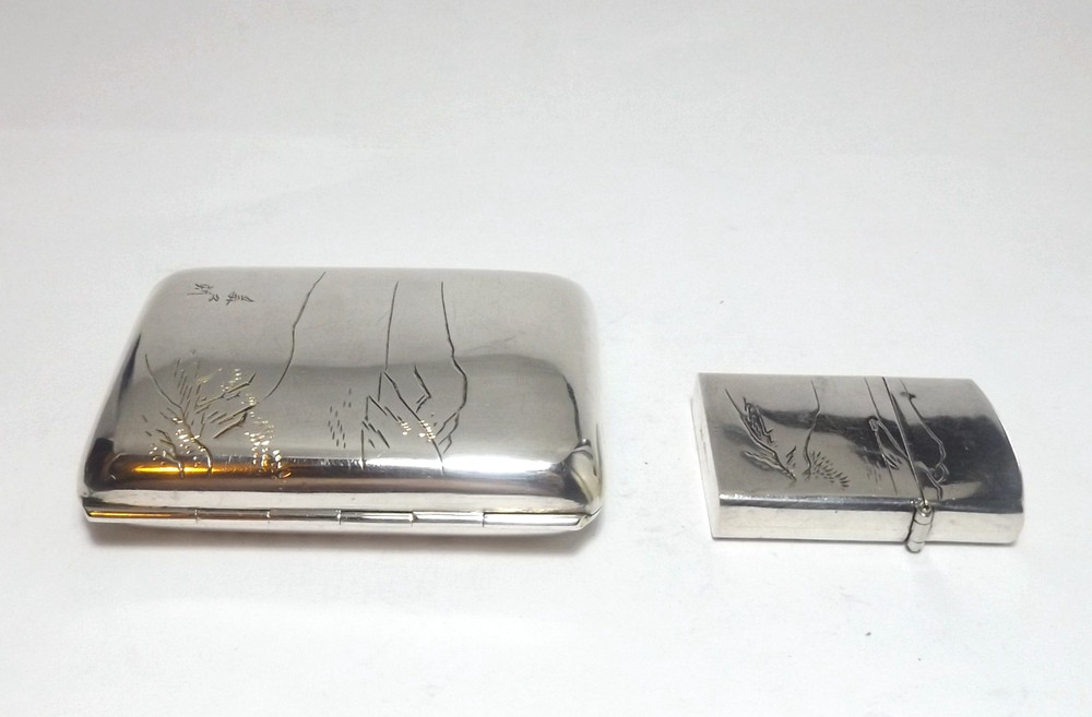 VINTAGE JAPANESE 950 GRADE SOLID SILVER CIGARETTE CASE & PETROL LIGHTER c1950