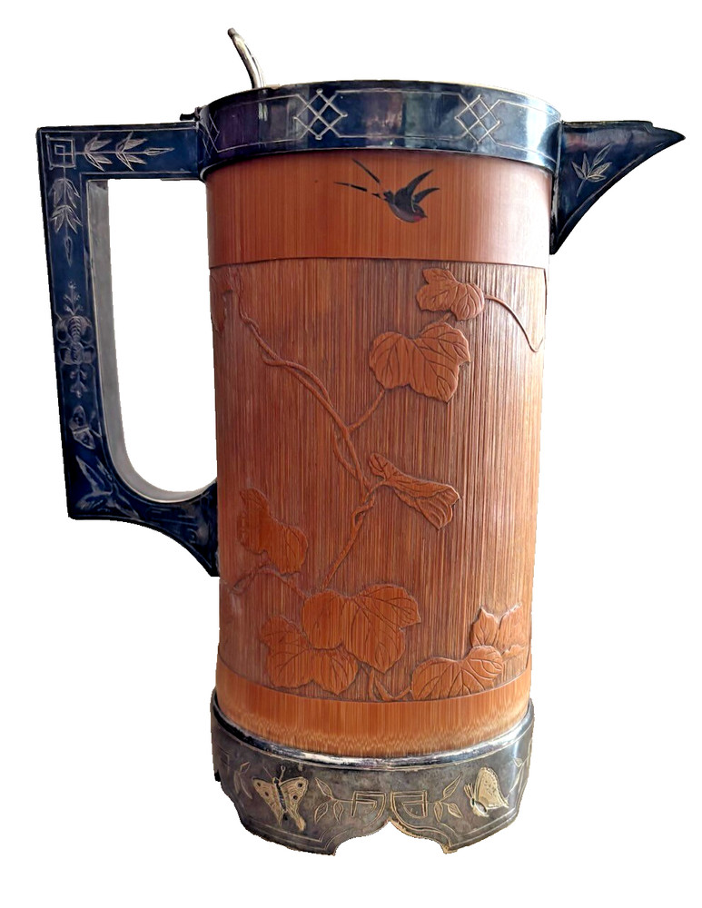 AESTHETIC MOVEMENT SILVER AND CARVED BAMBOO PITCHER