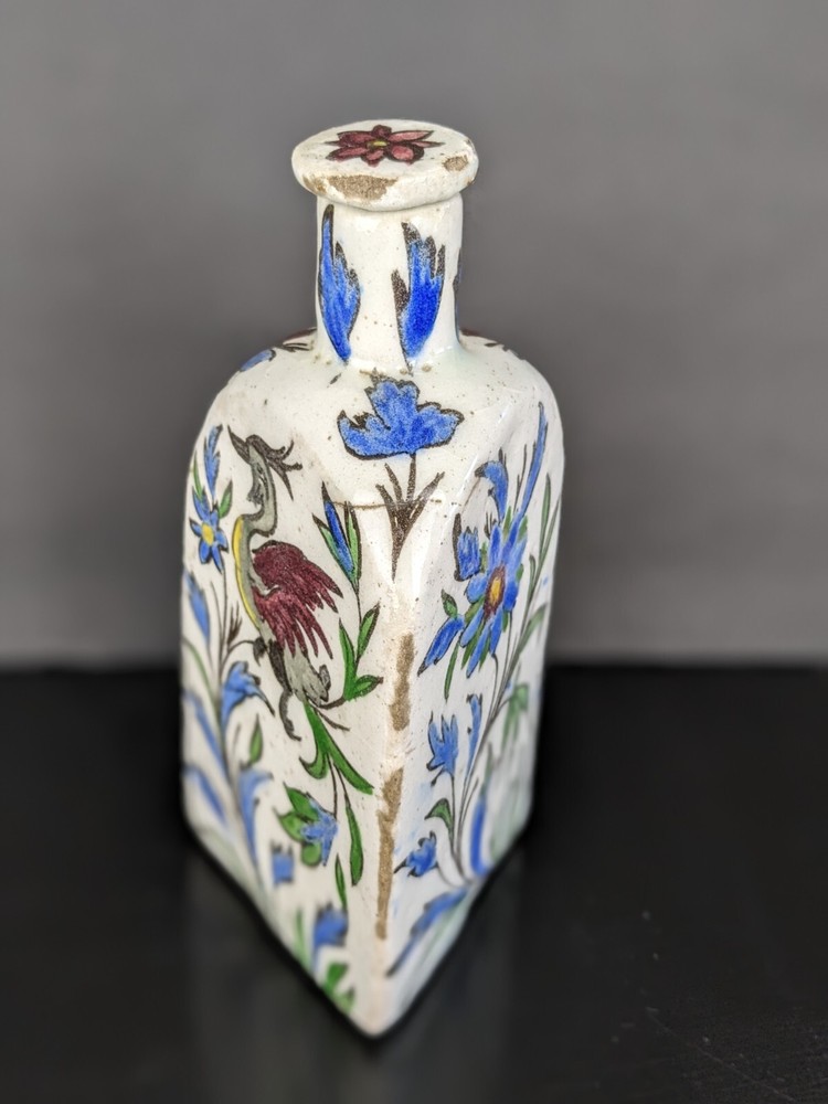 Antique Persian Qujar Pottery Bottle Tea Flask Floral Bird Pattern Triangular