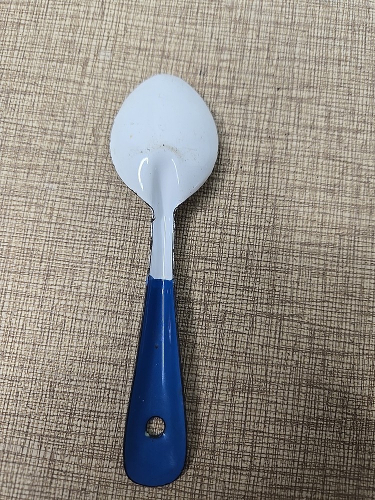 Vintage Enamel 8” & 6" Serving Spoons / Blue & White