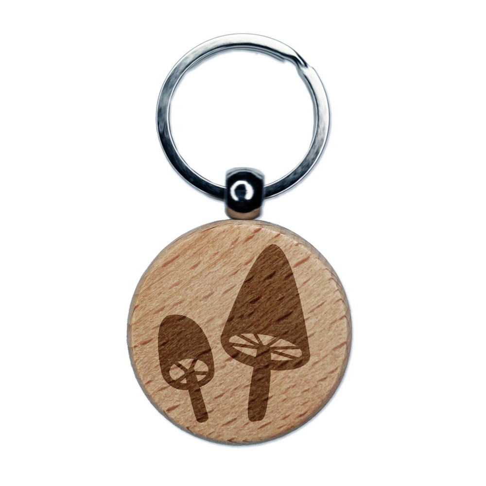 Charming Toadstool Mushroom Pair Engraved Wood Round Keychain Tag Charm