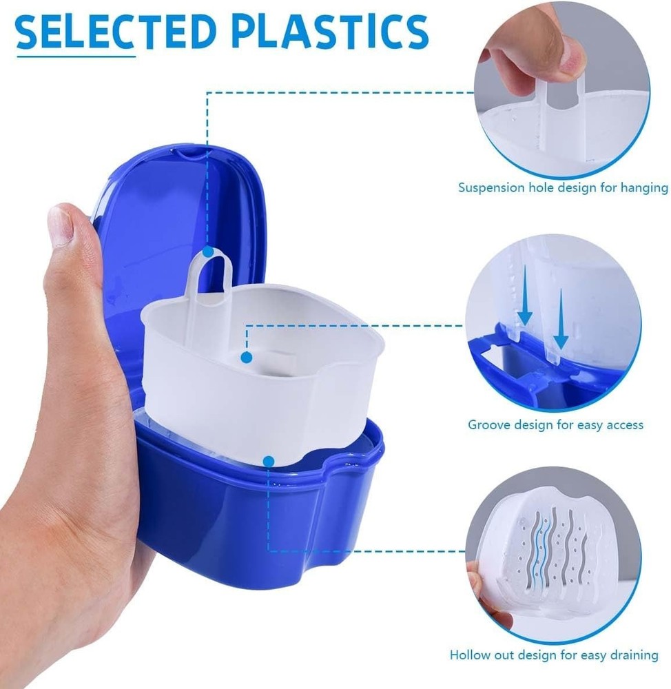 White Denture Bath Case Cup Box Holder Storage Soak Container with Strainer B...