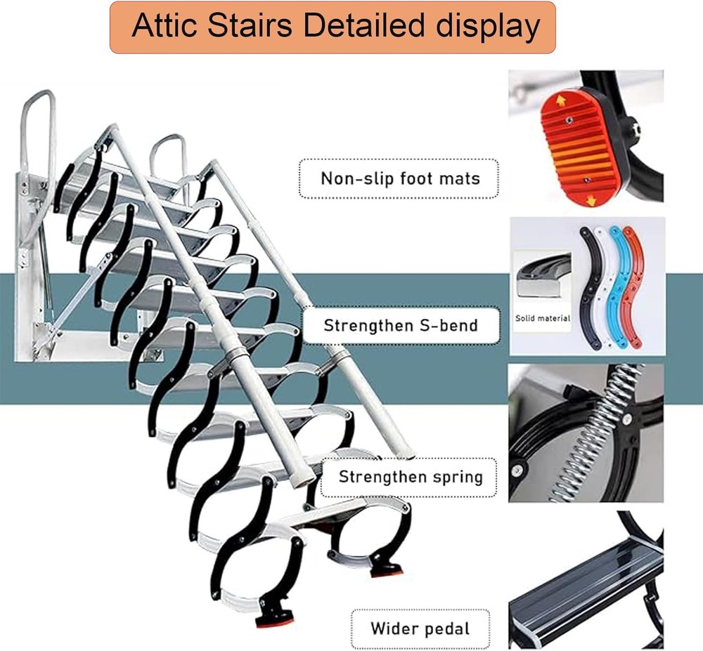 10ft Wall Mounted Folding Ladder Loft Stairs Attic Steps Pull Down + armrest
