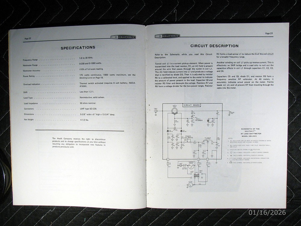 Genuine Heathkit Model HM-2103 RF Load Wattmeter Manual