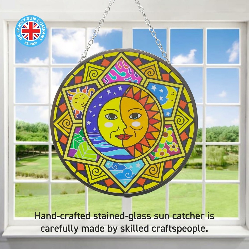 Sun and moon eclipse glass sun catcher with geometric border | 150mm diameter
