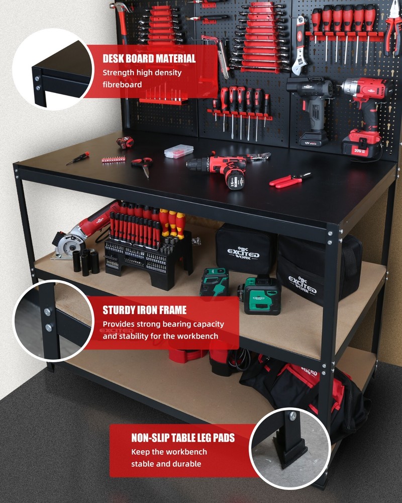 EXCITED WORK Three-Layer Heavy-Duty Steel Tool Workbench with Pegboard Shelves