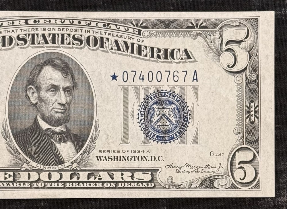 1934 A $5 Silver Certificate • STAR NOTE • Uncirculated */A Block