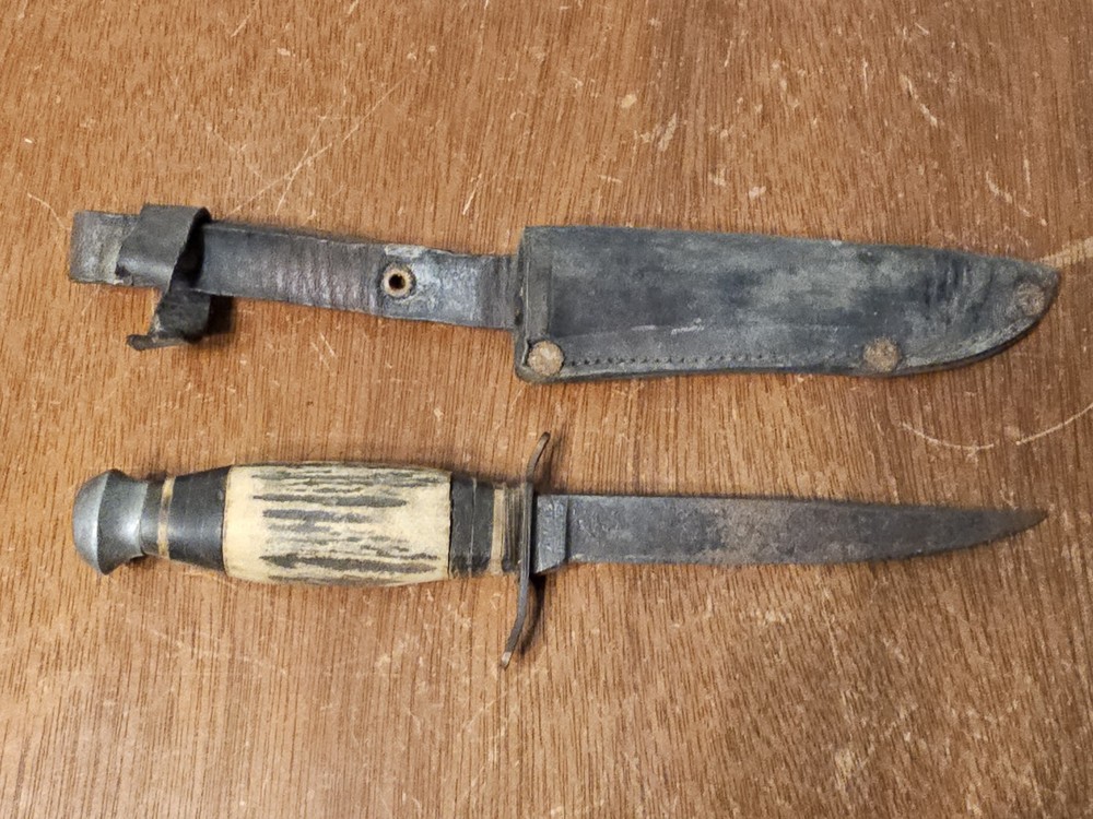 PIC Solingen Germany Stag Handle Fixed Blade Hunting Knife w/ Sheath Needs Work