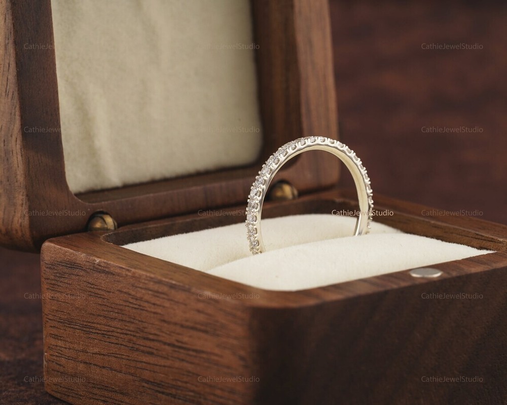 925 Silver Moissanite Wedding Band, stack-able Half Eternity Engagement