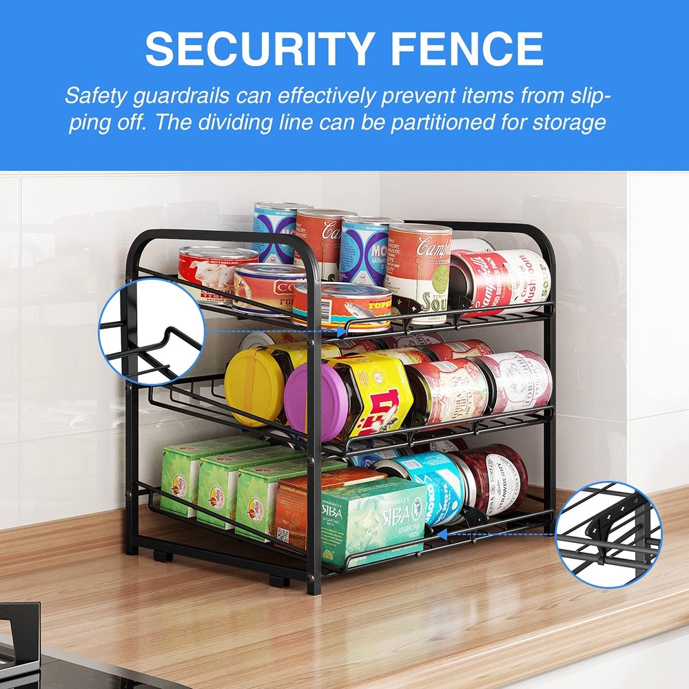 Can Rack Organizer 3 Tier Stackable Can Storage Dispenser for Food Storage Black