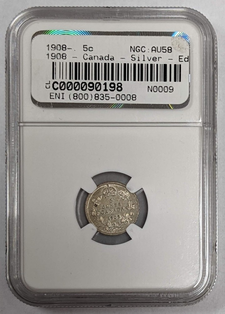 1908 Canada 5c Small 8 NGC AU 58