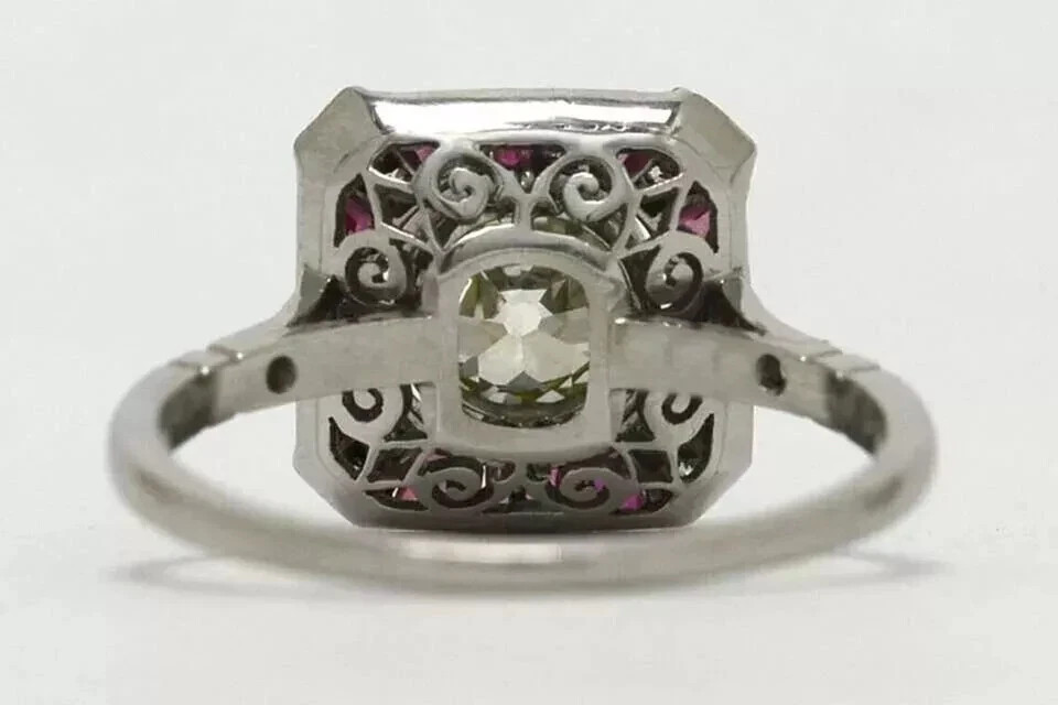 Art Deco Style Lab Created Diamond & Ruby 14k White Gold FN Engagement Gift Ring