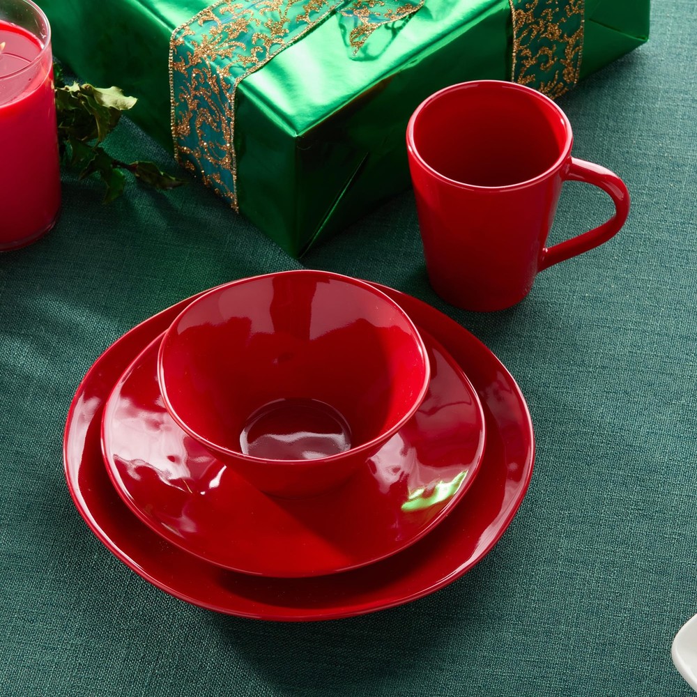 Berry Red Christmas 16pc Dinnerware Set, Stoneware Holiday Tableware Service ...