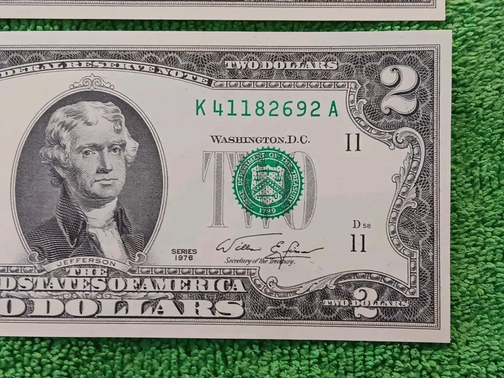2-Errors-2 Consecutive 1976 $2 Green Seal Federal Reserve Notes-Serial# Shift