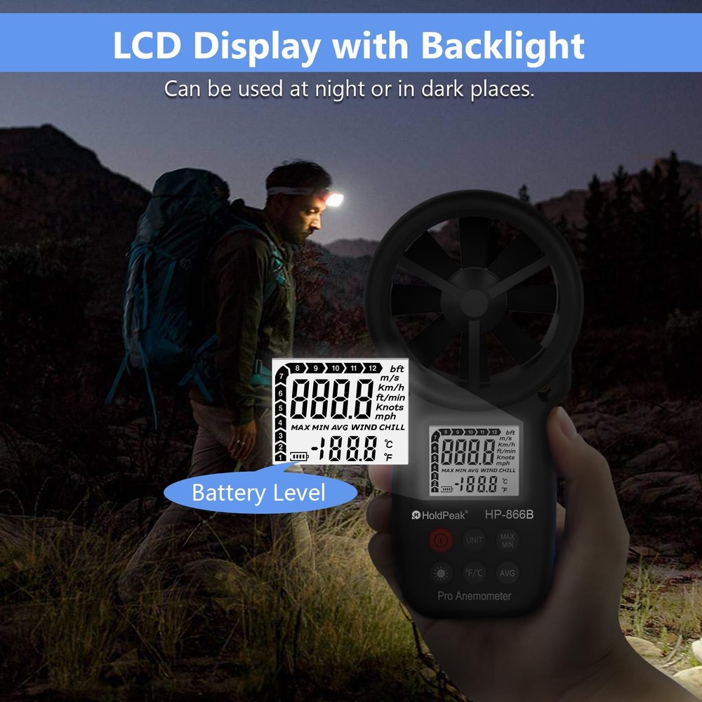 HoldPeak 866B Digital Anemometer Handheld Wind medium, 1Pcs