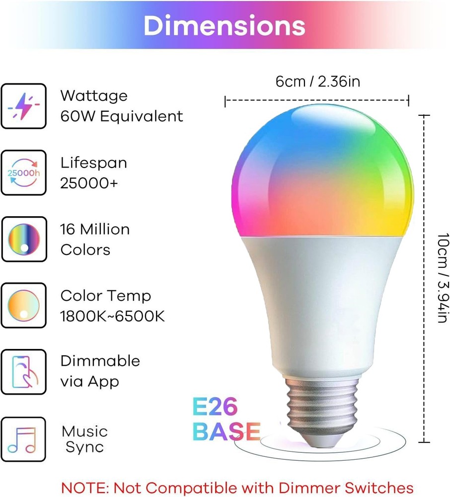 2~8 Pack A21 LED Smart Light Bulbs RGB 9W 15W 1500LM Bluetooth Dimmable E26/E27