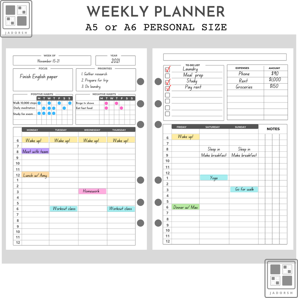 Printed A5 A6 Personal-Size Weekly Planner Insert Refills 50sheets [100Pages]