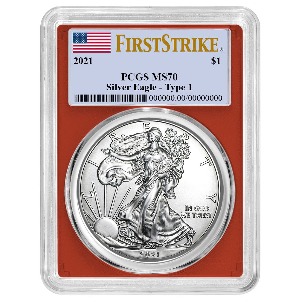 2021 $1 Type 1 American Silver Eagle PCGS MS70 FS Flag Label Red Frame