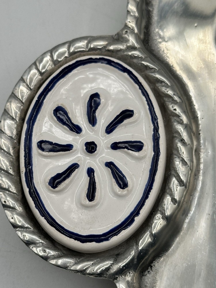 Pewter Mexicano Platter With Ceramic Tile Handle Embellishments