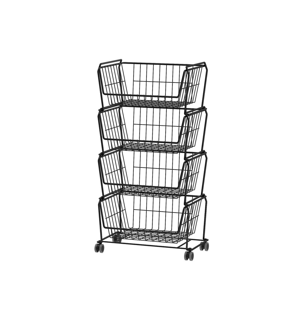 4-Tier Spacious Stackable Wire Storage Baskets with Wheels, Metal Rolling Uti...
