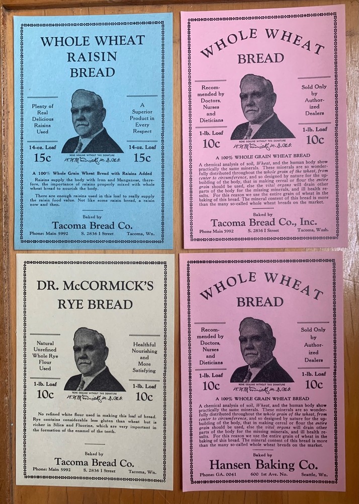 4 OLD TACOMA SEATTLE DR McCORMICK BREAD LABELS HANSEN BAKING CO