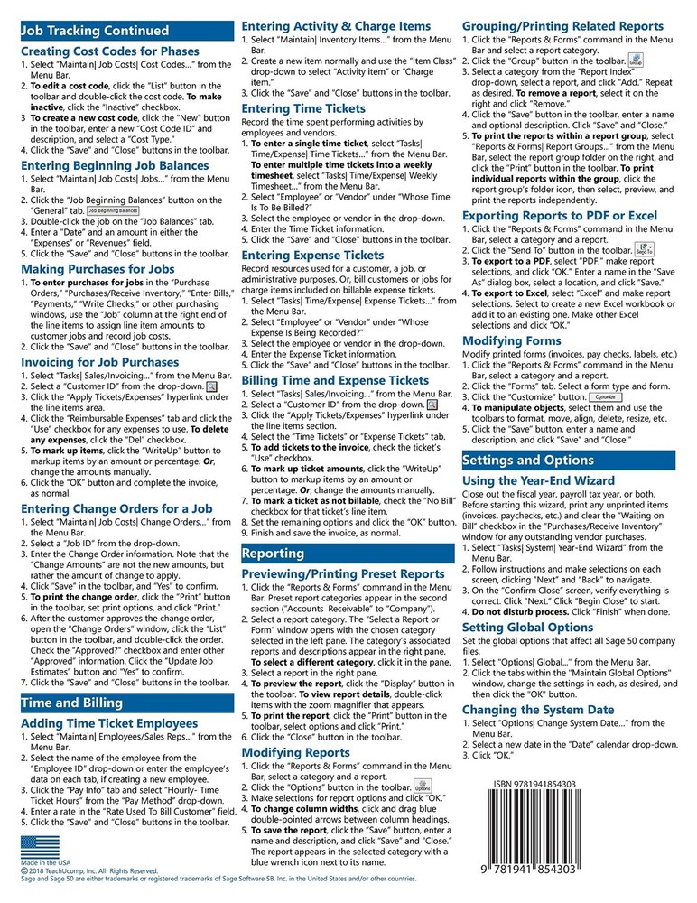 Sage 50 2019 Training Guide Quick Reference Card 4 Page Cheat Sheet Instructions