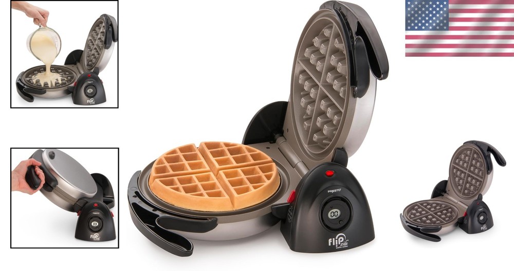 Compact Black Belgian Waffle Maker with Easy-Clean Ceramic Surface - 1100W Power