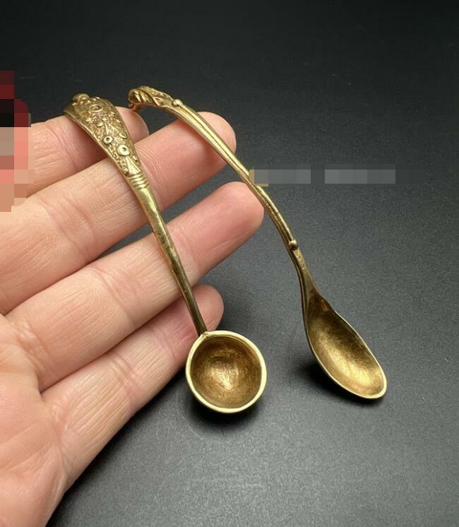 2Pc Tea Set Brass Long Handle Spoon Teaspoon Tea Copper Medicine Spoon Tea Set
