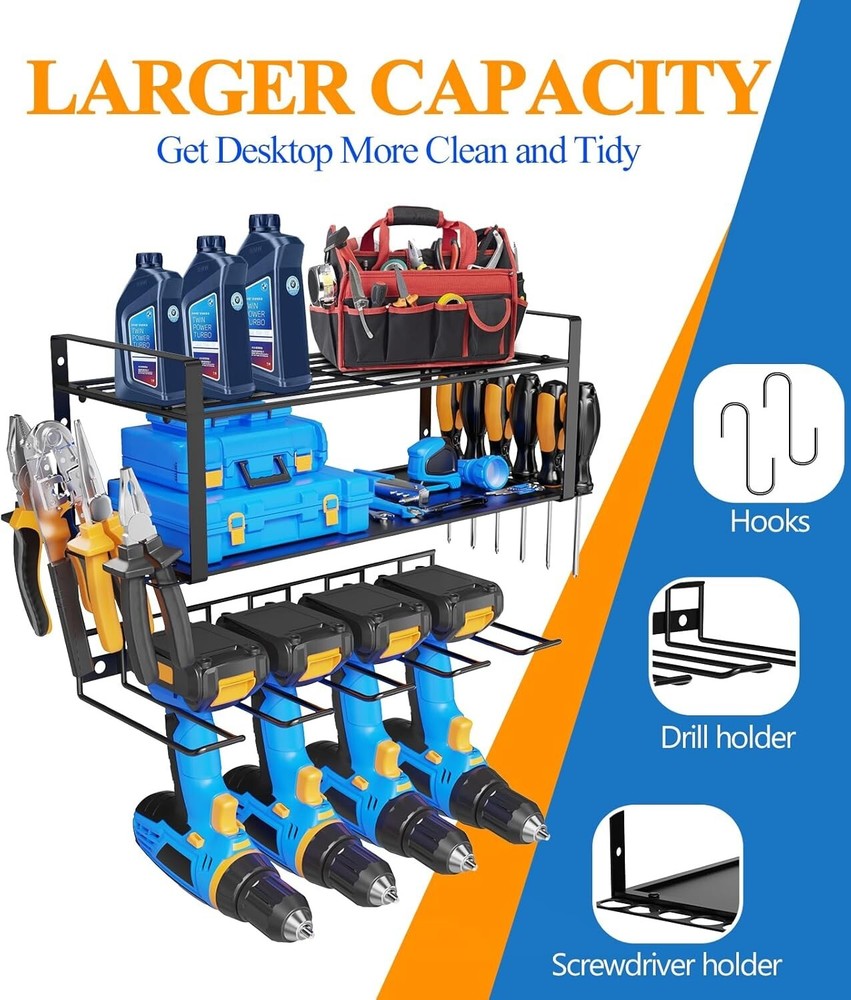 2 Pack Power Tool Organizer Wall Mount Tool Storage Garage Rack 8 Drill Holder