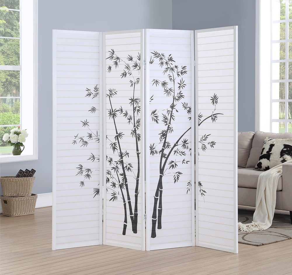 Roundhill Bamboo Print 4-Panel Framed Room Screen/Divider, white 4 panel