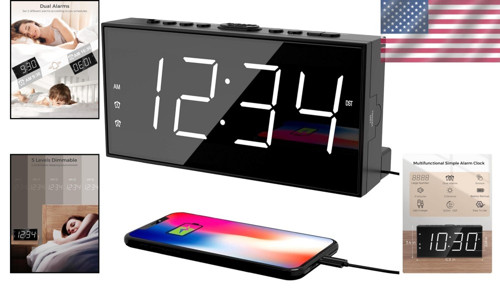 Dual Alarm Digital Clock with Large Display & USB Charging
