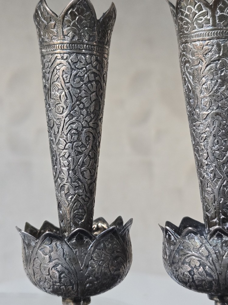 Pair Of Antique Solid Silver India Kashmir Vase