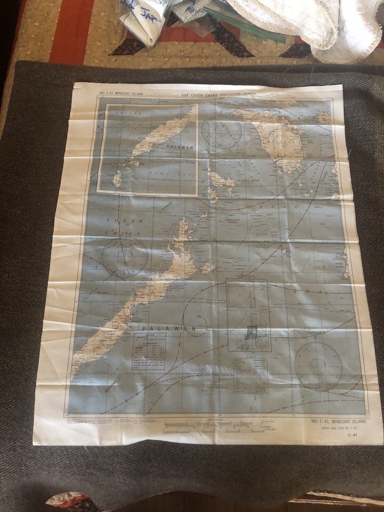 WWII Pilots AAF CLOTH Escape & Evasion Map Double Sided SAMAR & MINDORO ISLAND