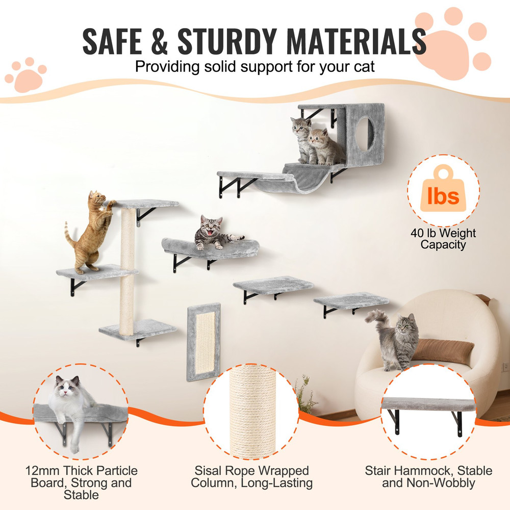 Wall Mounted Cat Shelves, Set of 6