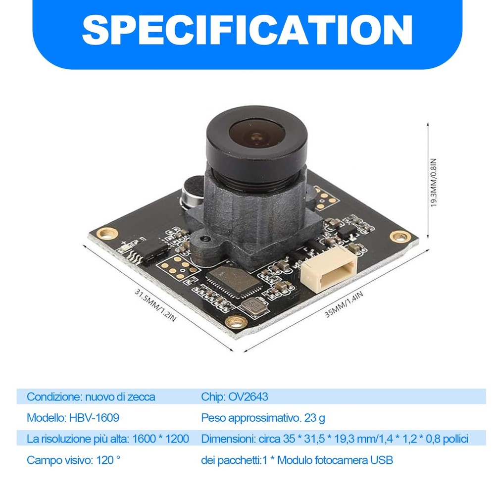2MP USB Camera Module 1600x1200 Autofocus 120 Wide Angle for Computer