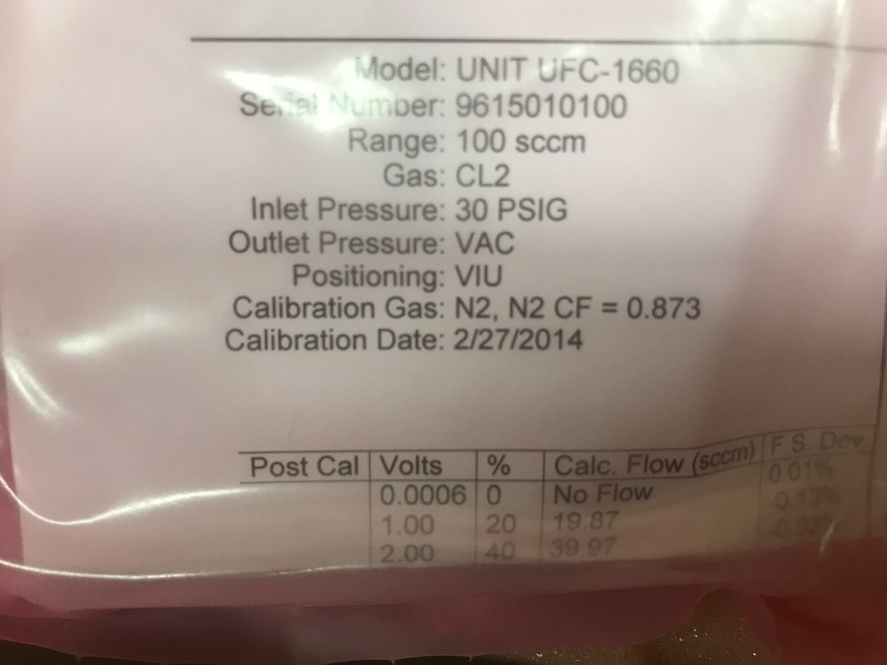 Refurbished UNIT UFC-1660 Mass Flow Controller 100 sccm CL2 Gas
