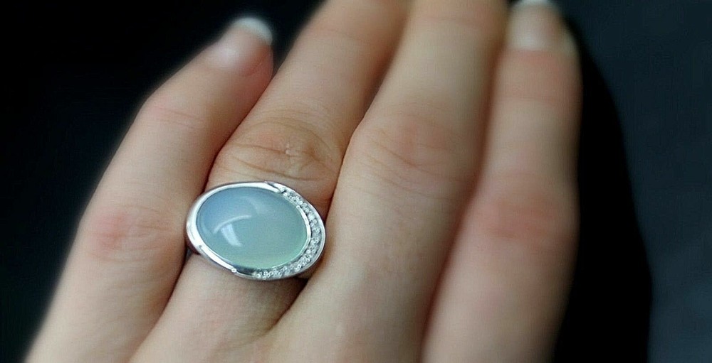 MAGNIFICENT GENUINE CHALCEDONY GENUINE DIAMONDS ACCENT STERLING SILVER RING 6.5