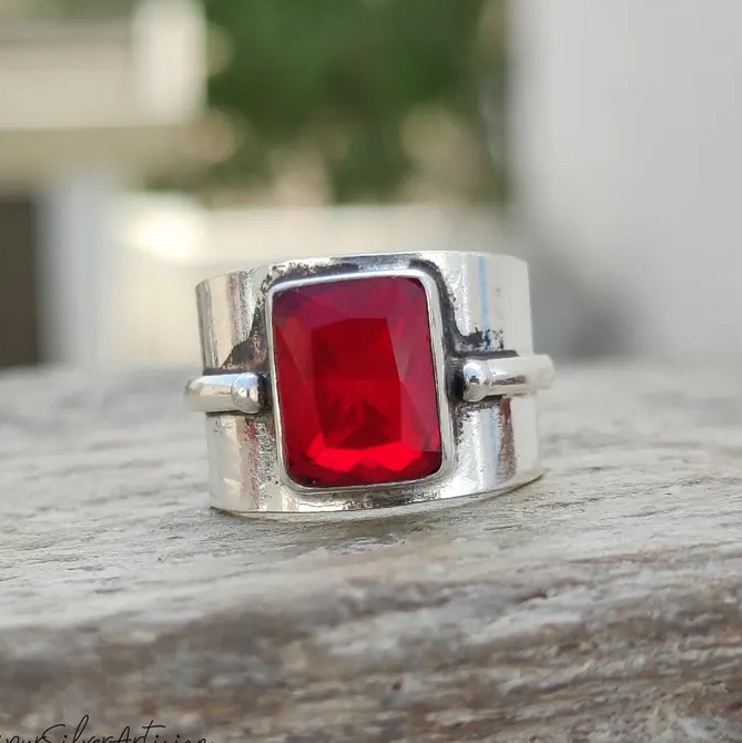 Solid 925 Sterling Silver Natural Red Garnet Rectangular Gemstone Wide Band Ring