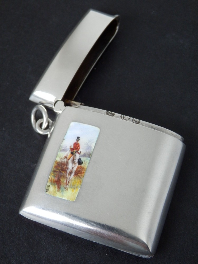 Antique Art Deco Solid Silver Enamel Vesta Case Huntsman Design