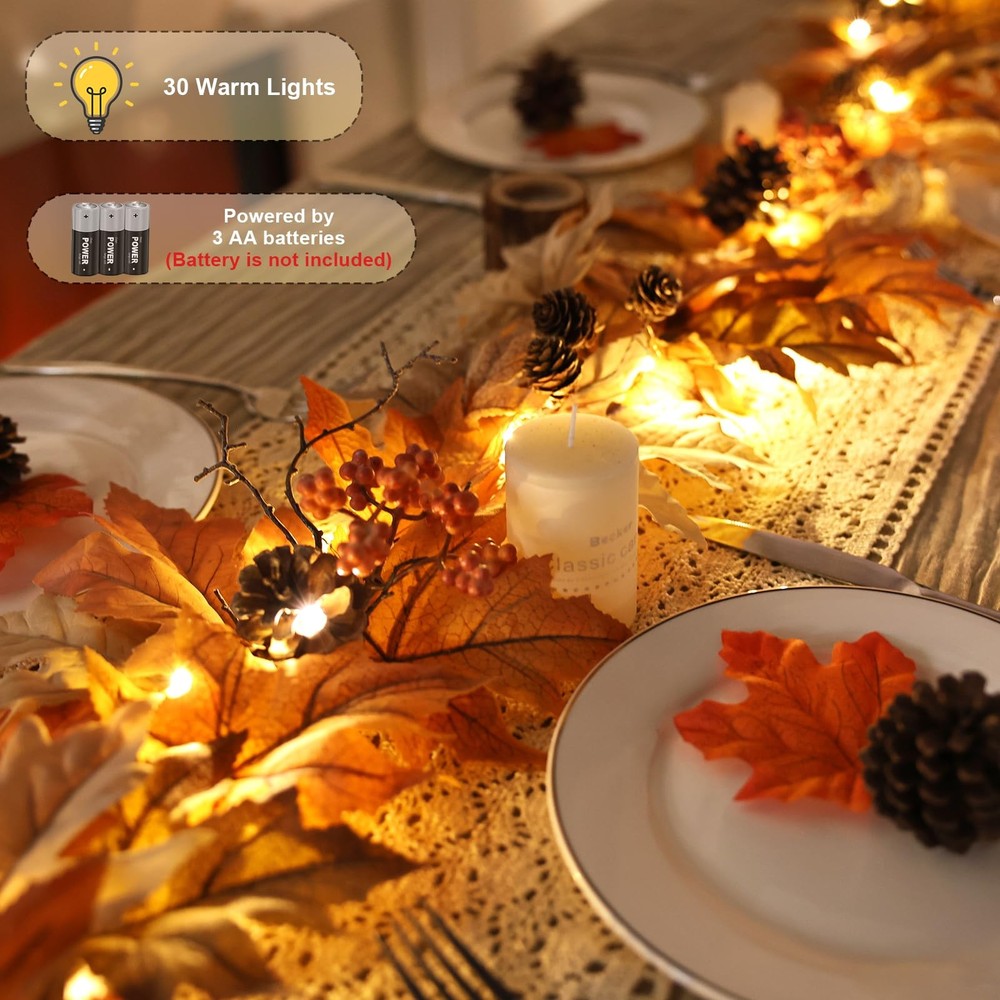 6 FT Fall Garland with Lights Timer Function Fall Leaves Garland with Berries...