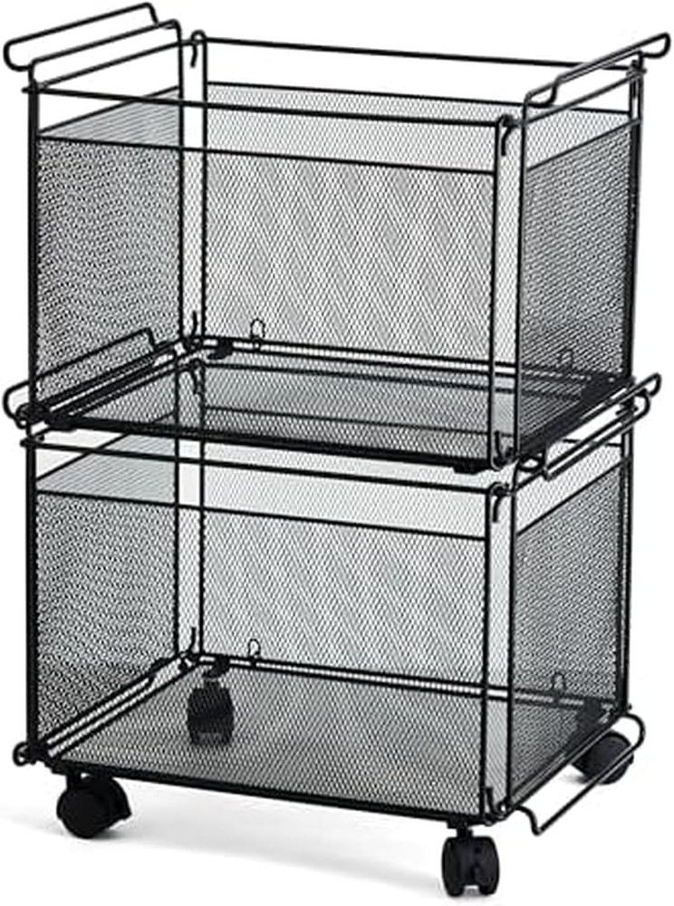 Presa Rolling Collapsible Stackable File Storage Organizer Basket, Set of 2, Bla