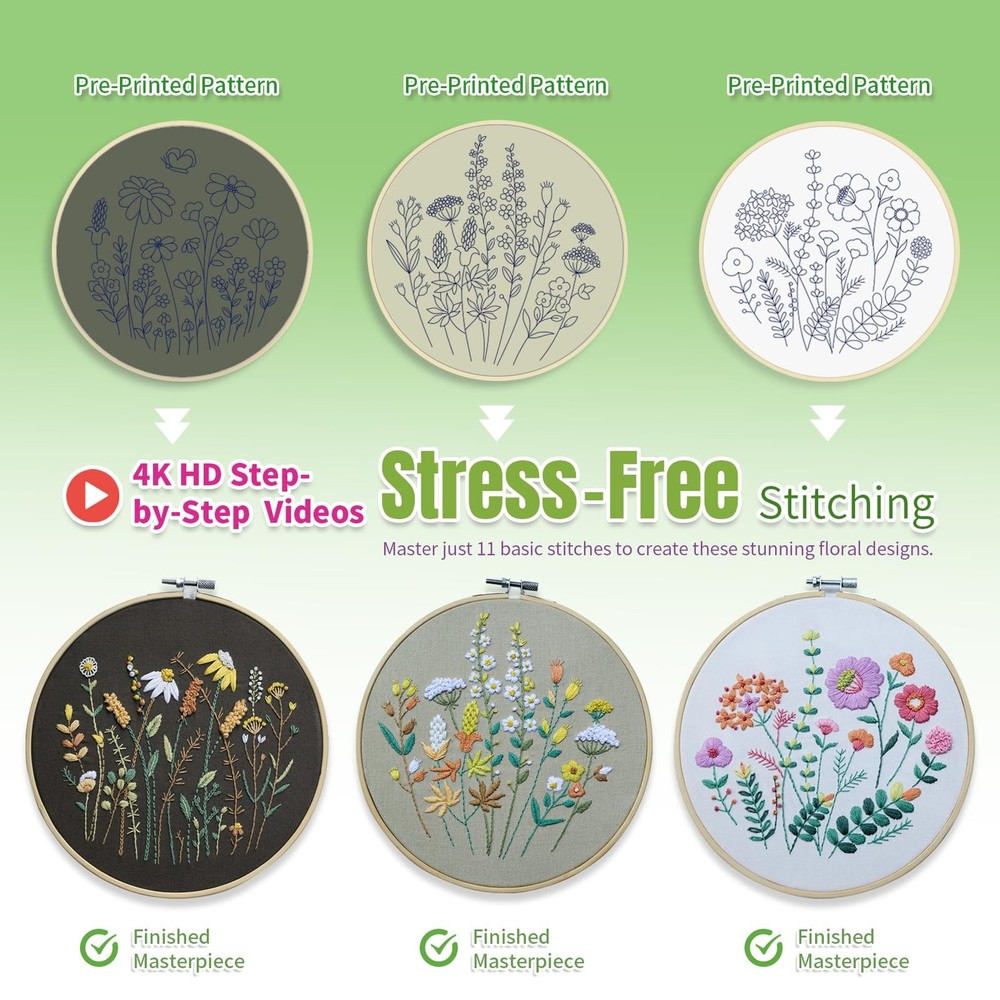 ETSPIL Beginner Embroidery Kits for Adults, 3-Pack medium, flower A3