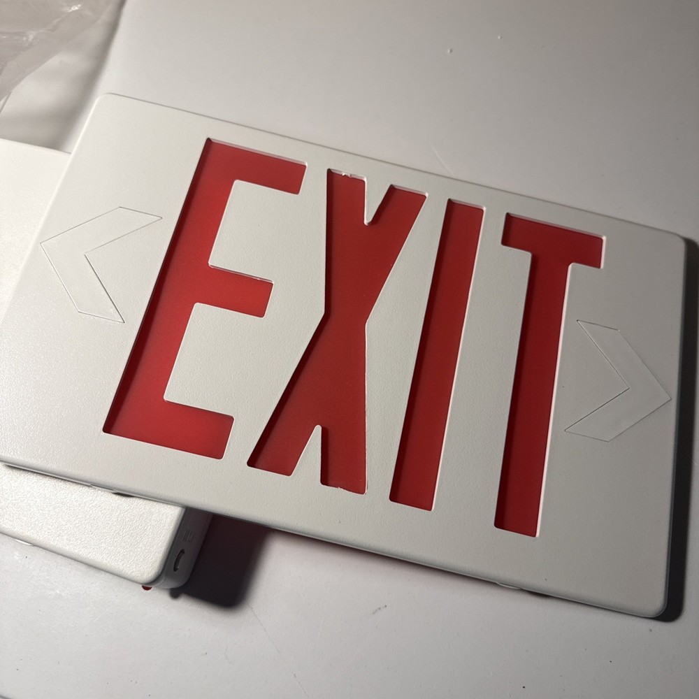 Red Light White Housing Battery Back Up Exit Sign.