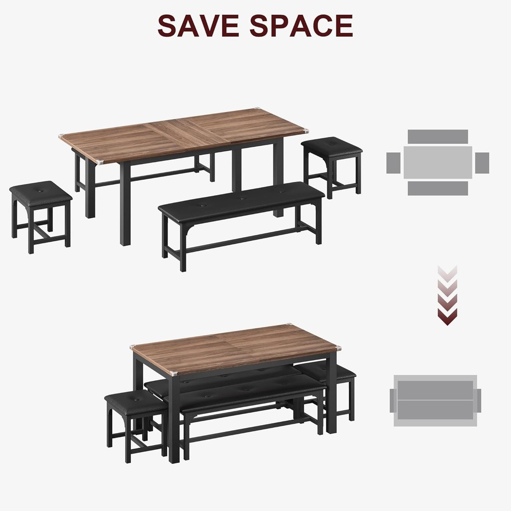 Extendable Dining Table Set 47"-63", 5 Piece with Upholstered Benches for 6-8