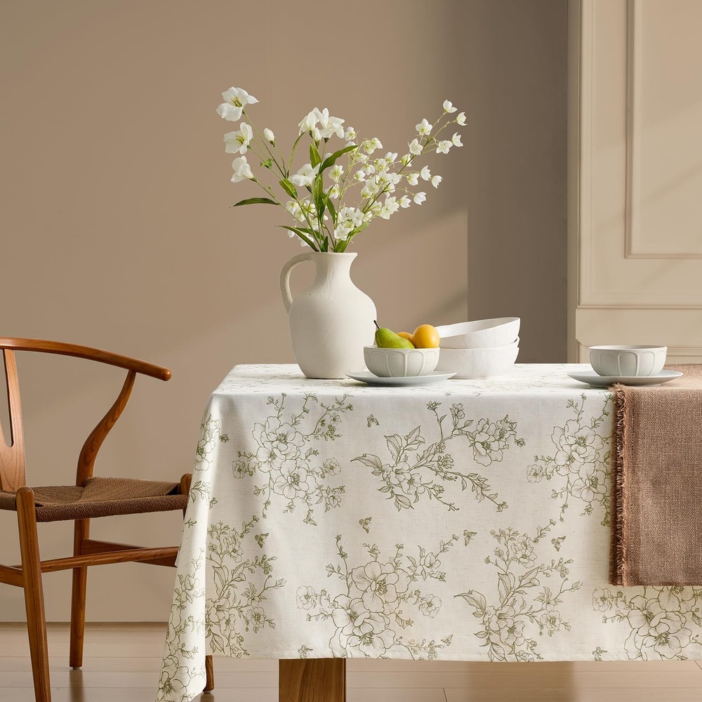 French Floral Tablecloths Rectangular Linen Table Cloth with Green Flowers Pa...