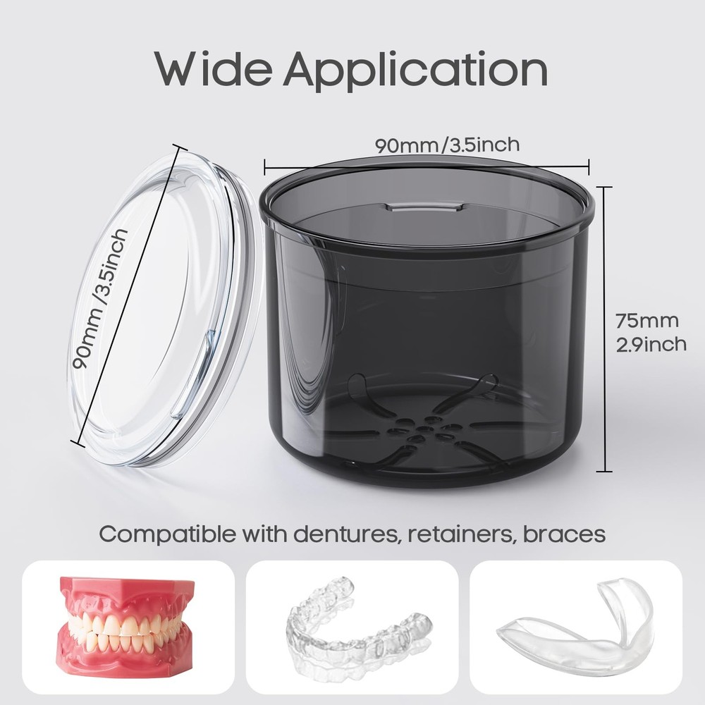Denture Bath Cup with Cleaning Brush, Large Soaking Container Black